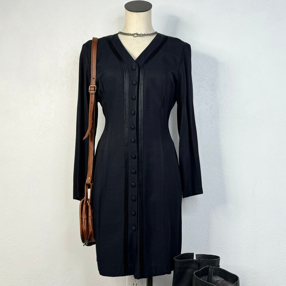 Vintage 80s 90s Black Button Front V-Neck Dress With Waist Tie Whimsigoth - Picture 2 of 6